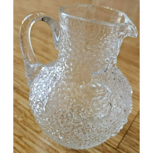 Handblown Clear Glass Pitcher w Crackle & Leaves‎ Applied Handle 5" Vintage - Picture 2 of 12